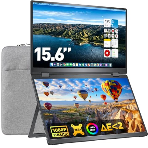 Upperizon Portable Monitor Foldable Dual Screen 15.6 inch FHD 107% sRGB IPS HDMI USB-C Travel Monitor for Laptop Mac PC Windows, DisplayLink Stacked Screen Extender with Kickstand, VESA Compatible