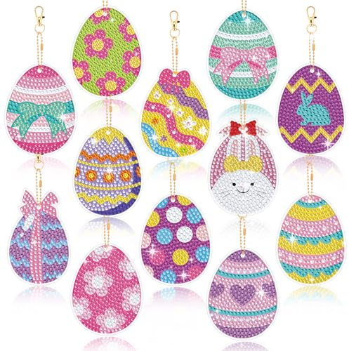 SEPGLITTER 12 Stück Diamond Kunst Painting Anhänger Ostern, 5D Diamand Kunst Painting Schlüsselanhänger Ostereier Diamant Kunst Painting für Kinder Ostergeschenk Osterdeko