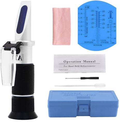 BEASAFY 4-In-1 Frostschutz Refraktometer, Hand Refraktometer Kühlmittel, Kühlflüssigkeit Messgerät, Frostschutzprüfer für Prüfung Scheibenwasser, Adblue, Batteriesäure, Ethylenglykol, Propylenglykol