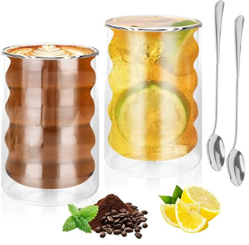 YYTECH 2 Tazas Cristal Vidrio de Doble Pared, 375ml Vasos de Doble Transparente, Tazas de Vidrio Borosilicato, Tazass de Café de Cristal para Té, Café, Leche, Latte, Macchiato