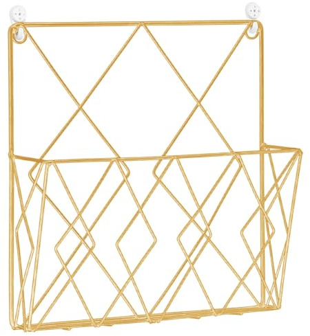 Hbbgdiy Gold Iron Wire Bathroom Magazine Rack, Wall Mounted File Holder & Magazine Organizer for Home, School, Dorm, Newspapers & Books