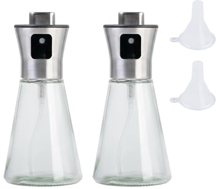 Rieoany 2 Piezas Aceitera Spray Pulverizador Con 2 Embudos De PláStico Transparente Spray Aceite Cocina Acero Inoxidable 200 Ml Pulverizador Aceite Forma CóNica Antideslizante