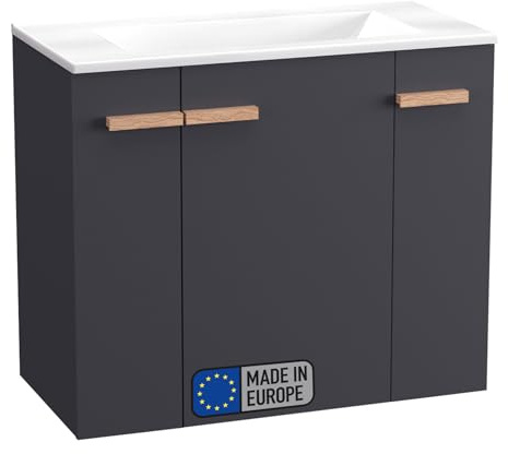 BadeDu HIERA Waschbecken mit Unterschrank 80 cm breit Anthrazit – Waschbecken Keramik Weiß, 2 Türen mit Soft-Close-System – Modernes zweiteiliges Badmöbelset für stilvolle Badezimmer