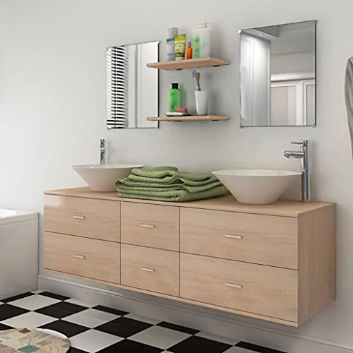 Owoxanthellate Badezimmermöbel Set Beige 150x45x45 cm Waschbeckenunterschrank mit 2 Aufsatzwaschbecken aus Keramik Modernes Doppelwaschtisch Design für kleine und große Bäder
