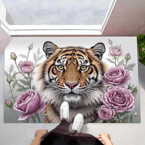 MLSOWM Tiger Rose Waschbar Fußmatte, 60x120 cm Fußabtreter Innen Kurzflor Realistische Beleuchtung Teppich rutschfest Türmatte für Haustür Küche Patio Flur Schlafzimmer, Hellgrau