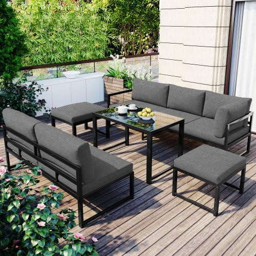 kozamas Gartenmöbel Set Lounge-Sitzgruppe aus Aluminium mit Liegefunktion & 4-Fach Verstellbarer Rückenlehne, wetterfest, inkl. Beistelltisch & Hocker, für Terrasse, Balkon und Garten – Grau