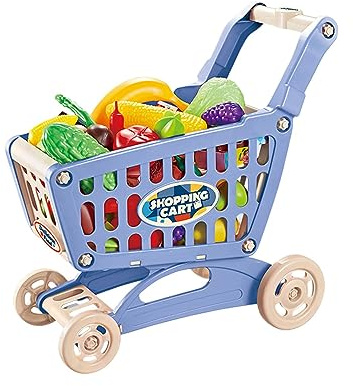 FQRDKT Kinder Einkaufswagen Set Spielzeug Einkaufswagen Rollenspiel Supermarktwagen Mini Trolley Aufbewahrungswagen Multifunktional mit 25 Gadgets Zum Sortie, Blau