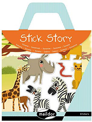 MY MANDARINE 566402O - Valisette Stick'story - 2 DÉCORS 42x14 cm + 4 planches de GOMMETTES repositionnables - SAVANE (42 stickers)