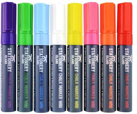 STATIONERY ISLAND Chalk Pens W80 Pack Of 8 Neon Colours – 8mm Broad Nibs. Wet Wipe Erase Liquid Chalk Markers. For Glass (Windows & Mirrors), Whiteboards, Blackboards