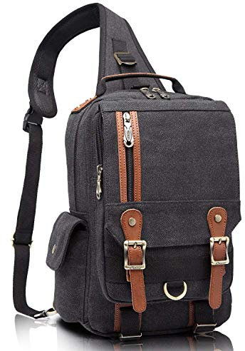 KAUKKO Retro Herren Brusttasche Damen Schultertaschen Vintage Canvas Daypack Sling Rucksack für Radfahren Schule Freizeit Schwarz-PD52