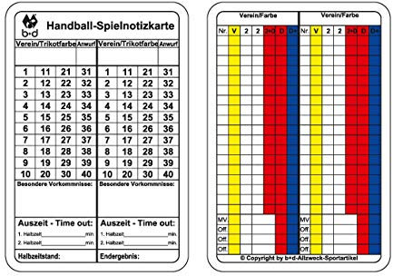 b+d Spielnotizkarten Handball 100 Stück Deutsch oder Französisch oder Englisch je nach Land