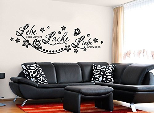 Grandora W870 Wandtattoo Spruch Lebe Lache Liebe I schwarz 120 x 46 cm I Wohnzimmer Schmetterlinge Blumen Aufkleber Wandaufkleber Wandsticker