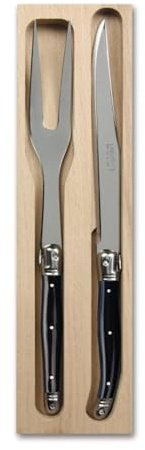 Andre Verdier Laguiole 2 Piece Carving Knife and Fork Set in Wooden Tray, 100% Made in France, Black