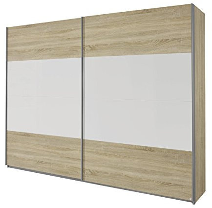 Rauch Möbel Quadra Kleiderschrank, Schwebetürenschrank, 2-türig, inkl. Zubehörpaket Basic 6 Einlegeböden 3 Kleiderstangen, Farbe Eiche Sonoma/Alpinweiß, BxHxT 270x229x62cm