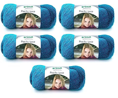 Gründl Pacific Lace (Farbverlaufsgarn mit wollartigem Charakter aus 80 % Polyacryl, 10 % Wolle, 10 % Alpaka, 100 g / 550 m, Nadelstärke: 2,5 mm - 3 mm, 5 x 100 g), Ocean Color, 36 x 20 x 8 cm