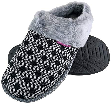 DUNLOP - Ladies Cute Cosy Plush Memory Foam Knitted Slippers with Open Back Mules