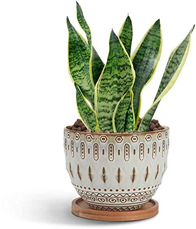 G EPGardening Vintage-Sukkulenten-Übertopf, großer Blumentopf, Keramik, Bohemian-Pflanzgefäß, Blumentopf, Innendekoration, mit Ablaufloch und Bambus-Tablett