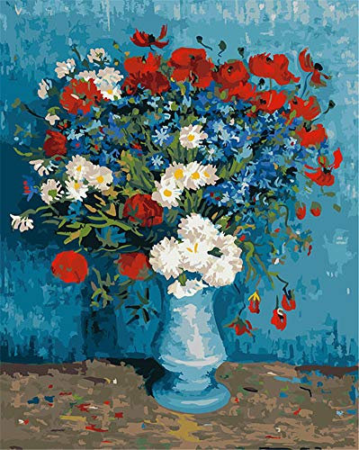 Awesocrafts Kit de peinture par numéros, bleuets et coquelicots par Van Gogh pour adultes et enfants 40,6 x 50,8 cm encadré ou non (fleurs, sans cadre)