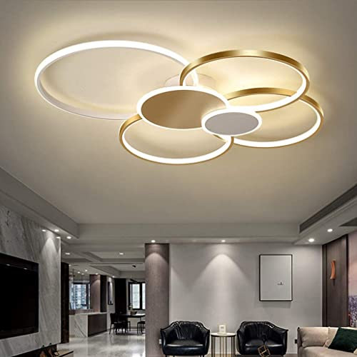 Modern LED Deckenleuchte Groß Wohnzimmerlampe Dimmbar Mit Fernbedienung, Runden Rings Design Deckenlampe Kreative Metall Acryl Beleuchtung Esszimmer Schlafzimmer Dekor Pendelleuchte,Gold,82CM/88W