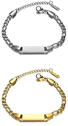 JewelryWe Valentinstag Schmuck Paar Armband mit Gravur, Personalisierte Edelstahl Figarokette Partner Freundschaftsarmband Paar Armkette Armreif Geschenk Silber Gold