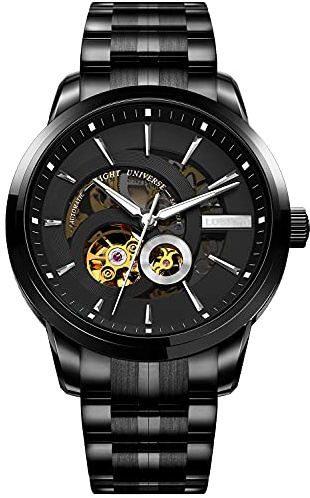 LOBINNI Herren-Armbanduhr, schwarz, Stahl, luxuriös, Skelett, automatisch, mechanisch, analog, Business, Freizeit, Mode, Kalenderuhr