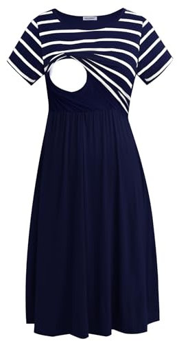 Smallshow Women's Short Sleeve Casual Maternity Nursing Dress for Breastfeeding Navy Stripe-Navy M