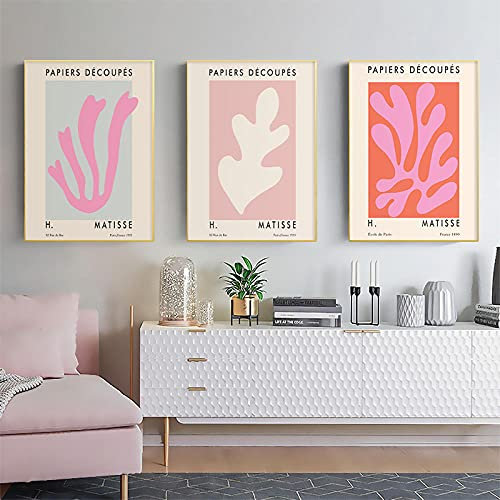 UHYGT Henri Matisse Poster Pink Red Leaf Ausstellung Wandkunst Abstrakte Galerie Leinwand Malerei und Drucke Mode Bild Wohnkultur 40x60cmx3 Kein Rahmen
