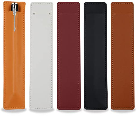 Fatiya 5Pcs Leather Single Fountain Pen Case, Soft Pen Sleeve Pouch for Men Women, Ballpoint Pencil Protective Cover Holder for Office, School, Business Gift (White, Orange, Black, Red, Brown)