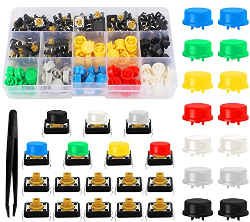 75Pcs Tactile Button Switch 12x12x7.3mm Momentary Tactile Push Button Switch Micro Tactile Push Button Touch Switch Micro Momentary Tact Assortment Kit with 75Pcs Caps and 1Pcs Tweezer for Arduino PCB