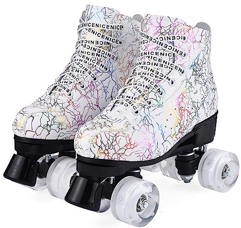 Damen Klassische Retro Rollschuhe,Rollschuhe mit Vier Rollen in Doppelreihe,Classic Roller, Rollschuhe für Kinder,LED Rollschuhe, ideal für Anfänger, komfortable Roller-Skates (Weiß-1, 41)