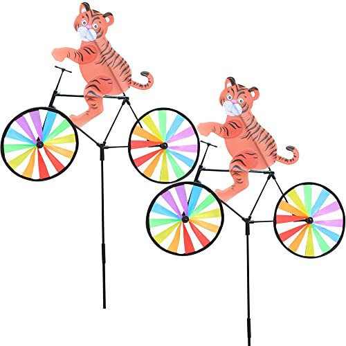 2 Stück Cartoon Fahrrad Spinner, Katze Reiten Fahrrad Wind Spinner Windräder mit Stange, 3D Tier Regenbogen Windmühle, niedliche Windkulptur, bunte Ornament Statue Dekor für Outdoor Hof Strand