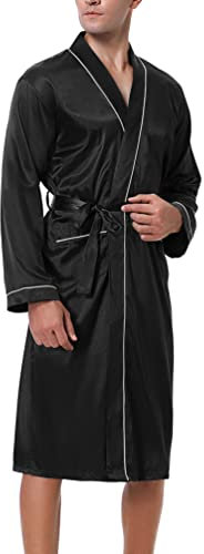 Bresdk Peignoir Homme Satin Peignoir de Bain Robes de Chambre Manches Longues Vêtement de Nuit Pyjama Kimono Léger et confortable couleur unie, Noir, M