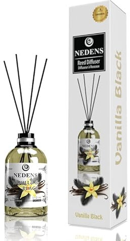 NEDENS Duftstäbchen Mikado 110 ml – Raumduft mit 4 Bambusstäbchen, langanhaltender Duft, dekorative Glasflasche, Intensität regulierbar, ideal für Wohnzimmer, Bad, Flur & Büro (Vanille schwarz)