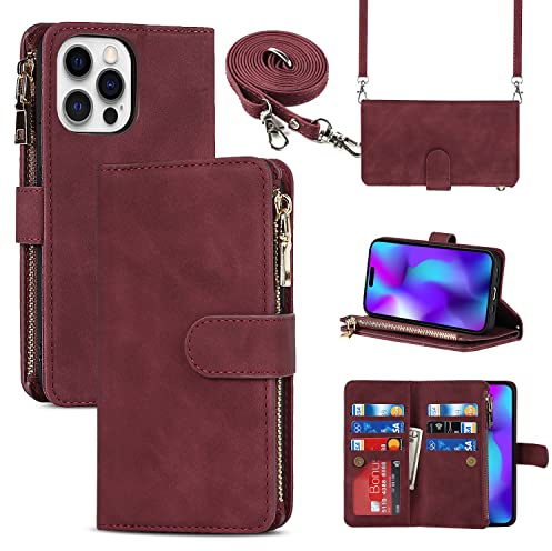 Cavor Compatible with iPhone 14 Pro Case With Card Holder With Strap,Flip Leather Crossbody Women Wallet Case,[9 Card Holders][2 Lanyards],Cover Phone Case Compatible with iPhone 14 Pro - Red