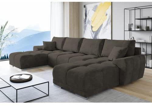 ML Furniture Velvet Ecksofa in U-Form – Graphit Sofa – Couch mit Stauraum und Kissen - Ausziehbares Schlafsofa – Sofa mit Schlaffunktion - Schlafsofa mit Bettkasten – Gästebett – 365 x 189 cm