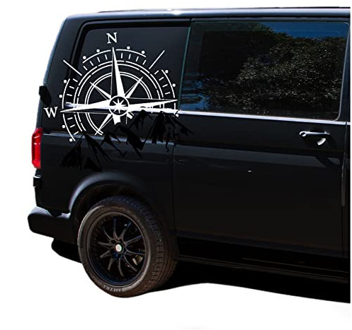 Autoaufkleber Kompass Sport Mountains 60x56cm Windrose Sticker Folie für Auto Wohnwagen Anhänger Aufkleber Selbstklebend Kfz Zubehör KX072 KX073 (Kompass weiß, Berge Schwarz)