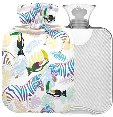 Naanle Tropical Zebra Wärmflasche mit Bezug Transparente Tasche Warmwasserflasche 1L Wärmflasche für Bett Hand Füße Wärmer Schmerzlinderung Wärme und Kältetherapie