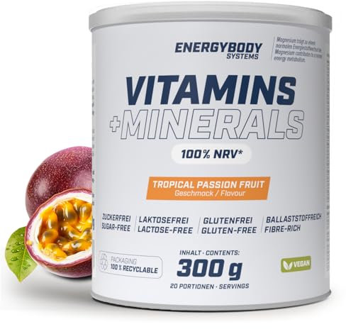 Energybody Vitamins + Minerals Pulver - 300g - mit 10 Vitaminen & 8 Mineralstoffen/Multivitamin Mineralstoff Drink/Tropical Passion Fruit Geschmack, vegan