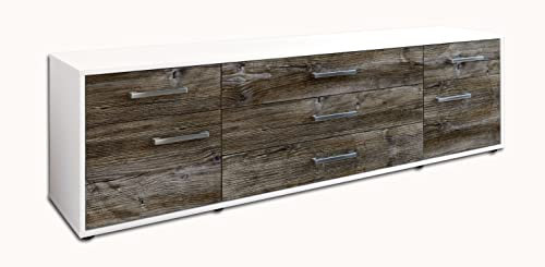 Lqliving TV-Board Lowboard Benita, Korpus in Weiss matt, Front im Holz-Design Treibholz (180x49x35cm), mit Metall Griffen, Made in Germany