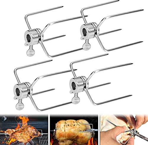LARS360 Fleischklammer für Drehspieß Fleischnadeln Edelstahl mit Feststellschraube Hitzebeständig für Fixiert das Grillgut Doppelt Für Grillpartys, Camping, 4 Stück