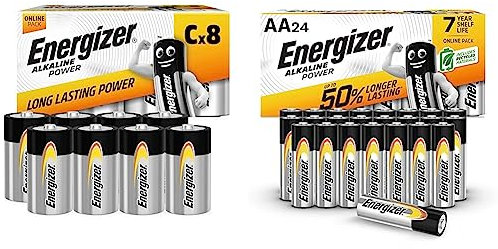 Energizer C Batteries, Alkaline Power, 8 Pack - Amazon Exclusive & AA Batteries, Alkaline Power, 24 Pack, Double A Battery Pack (Packaging may vary)
