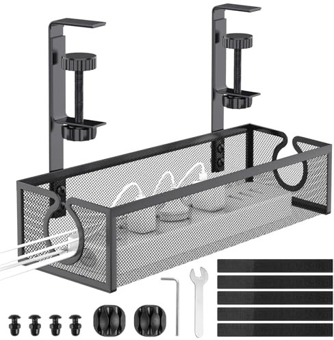DECOHOME Bandeja de gestión de cables para debajo del escritorio, cesta de malla sin taladrar para administrar cables y regletas de alimentación, organizador de cables sin tornillos para el hogar,