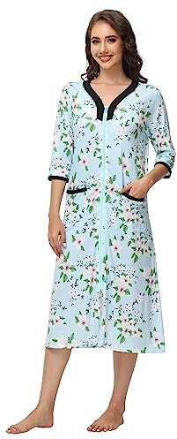 Verve Jelly House Dresses for Womens Floral Print Robe Long Zip Up House Coat Half Sleeve Night Gowns Comfy Loungewear Green 2 M
