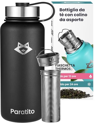 PARATITO® Teeflasche mit Sieb 1,2L, auslaufsicher bei Kohlensäure, spülmaschinenfest - Edelstahl Thermoskanne mit Teesieb to Go für Tee, Kaffee, Büro, Wandern, Yoga, Camping, (Teesieb Bundle Schwarz)