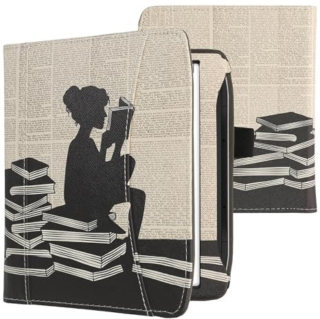 kwmobile Flip Hülle kompatibel mit Pocketbook Era/Era Color - Vorderfach Handschlaufe - Lesende Frau Schwarz Beige