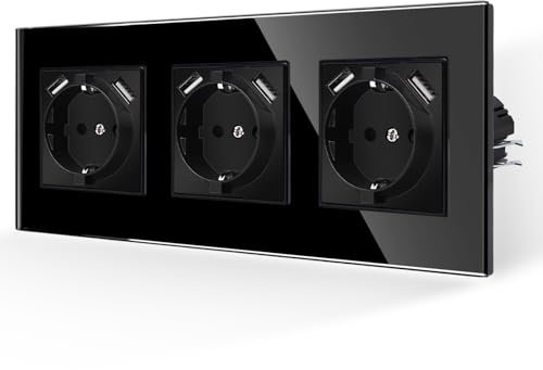 JIMEIDA Prise murale à 3 prises avec USB en noir, 16 A et port USB max. 2,1 A, prise murale encastrée 228 x 86 mm, 250 V
