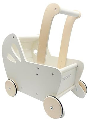 Moover Essential Dolls Pram for Toddlers, Assembly Required, Designed in Denmark from MDF, Push Along Toy, 18 Months +, 44 x 41 x 24 cm, Off-White and Natural Wood