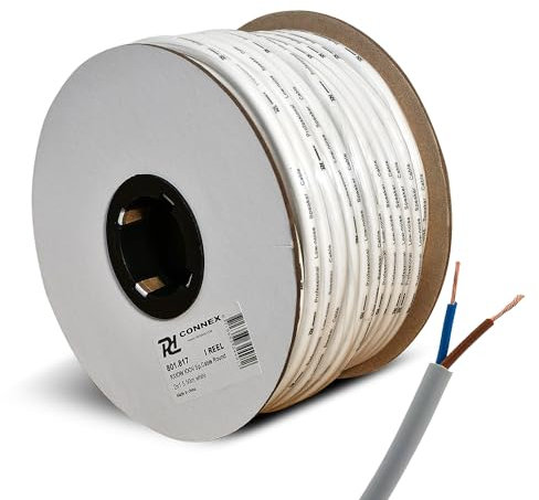 PD Connex RX10W White Double Insulated Ceiling Speaker Cable 2-Core 2x1.5mm^2 on 50m Reel - Heavy Duty Indoor & Outdoor Speaker Wire for 100V Audio Installations
