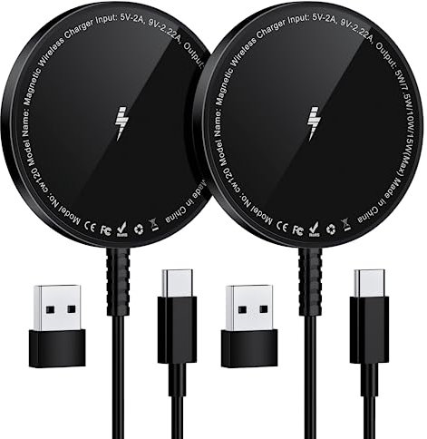 Mag-Safe Ladegerät für iPhone Ladestation: Magnet Wireless Charger Induktive Kabelloses Ladepad Kompatibel mit iPhone 17 Air 16e 16 15 14 13 12 und Air-Pods 4 3 2 Pro (Ohne Netzteil, 2 Stück Schwarz)