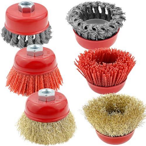 GZqiancang 6 spazzole a tazza per smerigliatrice angolare, 75 mm, set di smerigliatrici angolari per rimuovere ruggine, lucidatura dei metalli (filo di nylon/metallo/acciaio)